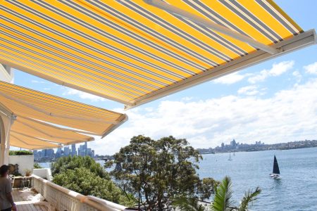 Awnings over a water view balcony